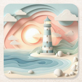 Posavasos Cuadrado De Papel Faro junto al mar