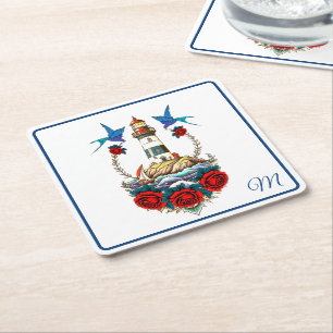 Posavasos Cuadrado De Papel Faro Náutico Floral Azul Rojo