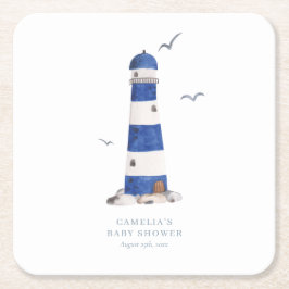 Posavasos Cuadrado De Papel Faro náutico mínimo Baby Shower Ahoy Boy