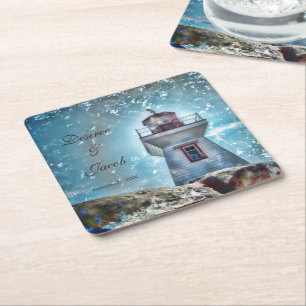 Posavasos Cuadrado De Papel Faro Océano Azul Azul Náutico Costa Rústica