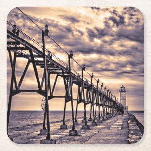 Posavasos Cuadrado De Papel Faro y muelle de Grand Haven, Grand Haven