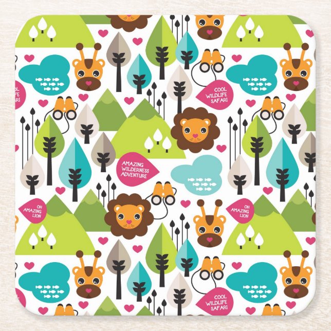 Posavasos Cuadrado De Papel fauna retra del león del safari de los niños (Anverso)
