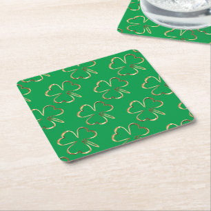 Posavasos Cuadrado De Papel Faux Golden Clovers Buena Suerte Shamrock Green
