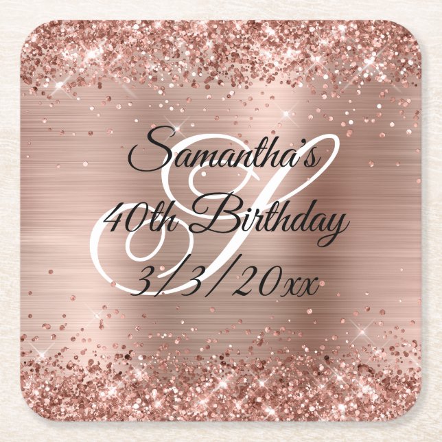 Posavasos Cuadrado De Papel Faux Rosa Gold Purpurina y Relieve metalizado 40 c (Anverso)