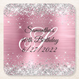 Posavasos Cuadrado De Papel Faux Silver Purpurina Relieve metalizado rosado 40