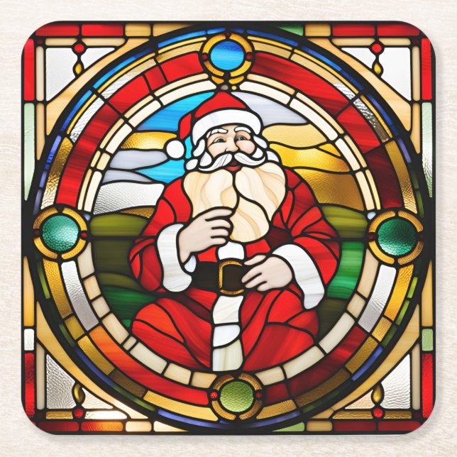 Posavasos Cuadrado De Papel Faux Stained Glass Sitting Santa (Anverso)