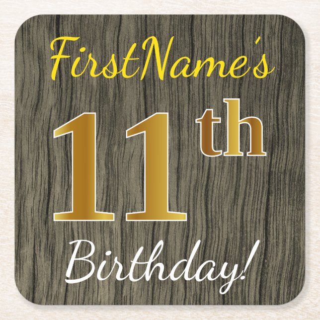 Posavasos Cuadrado De Papel Faux Wood, Faux Gold 11th Birthday + Custom Name (Anverso)