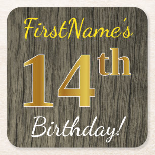 Posavasos Cuadrado De Papel Faux Wood, Faux Gold 14th Birthday + Custom Name