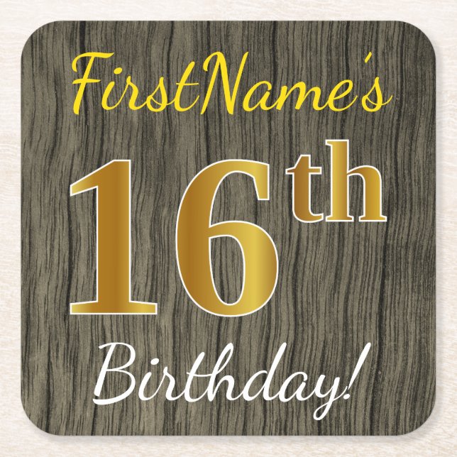Posavasos Cuadrado De Papel Faux Wood, Faux Gold 16th Birthday + Custom Name (Anverso)