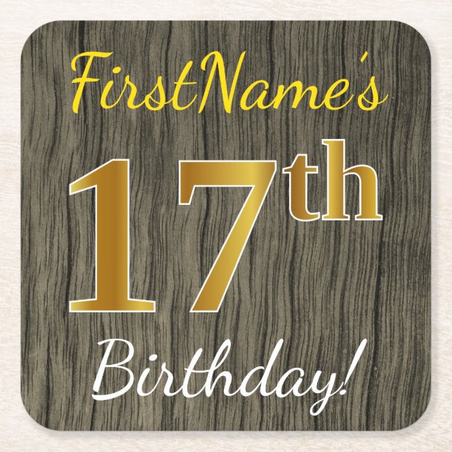 Posavasos Cuadrado De Papel Faux Wood, Faux Gold 17th Birthday + Custom Name (Anverso)