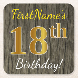 Posavasos Cuadrado De Papel Faux Wood, Faux Gold 18th Birthday + Custom Name