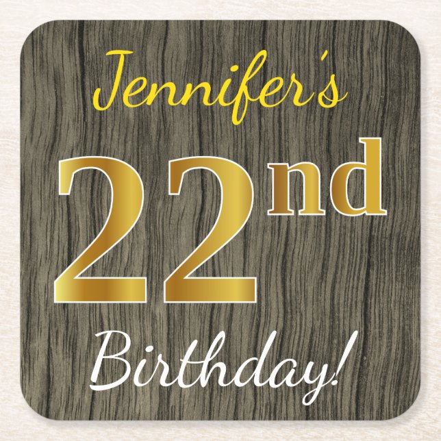 Posavasos Cuadrado De Papel Faux Wood, Faux Gold 22nd Birthday + Custom Name (Anverso)