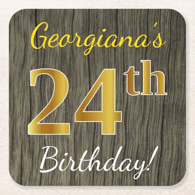 Posavasos Cuadrado De Papel Faux Wood, Faux Gold 24th Birthday + Custom Name (Anverso)