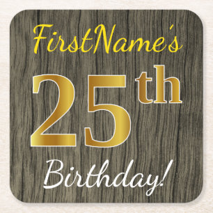 Posavasos Cuadrado De Papel Faux Wood, Faux Gold 25th Birthday + Custom Name