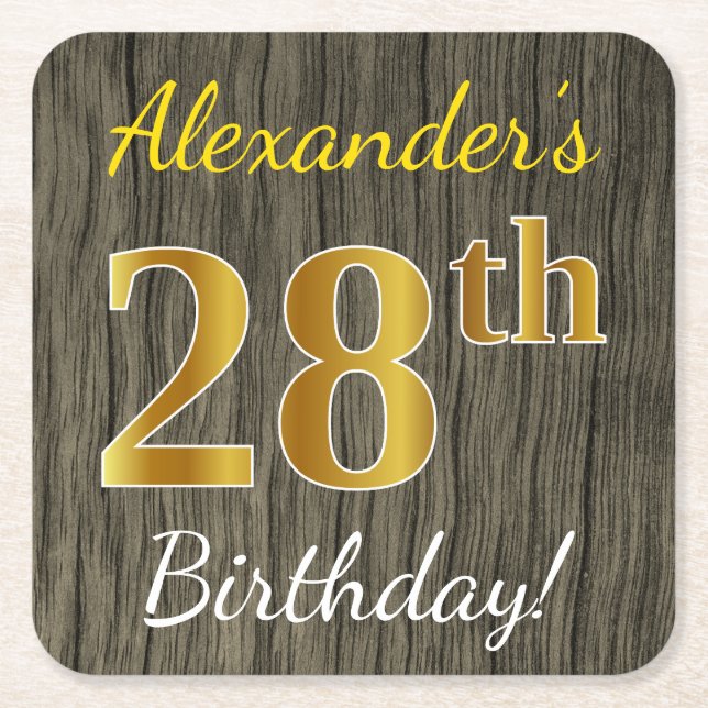 Posavasos Cuadrado De Papel Faux Wood, Faux Gold 28th Birthday + Custom Name (Anverso)