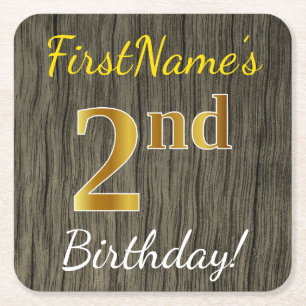Posavasos Cuadrado De Papel Faux Wood, Faux Gold 2Cumpleaños + Custom Name