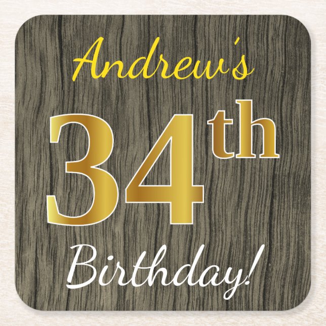Posavasos Cuadrado De Papel Faux Wood, Faux Gold 34th Birthday + Custom Name (Anverso)