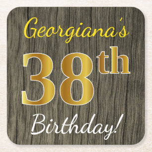 Posavasos Cuadrado De Papel Faux Wood, Faux Gold 38th Birthday + Custom Name