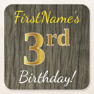 Posavasos Cuadrado De Papel Faux Wood, Faux Gold 3Cumpleaños + Custom Name