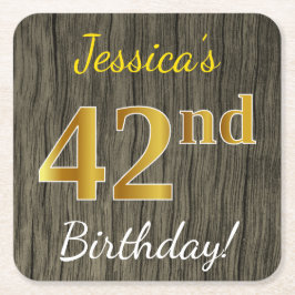 Posavasos Cuadrado De Papel Faux Wood, Faux Gold 42nd Birthday + Custom Name