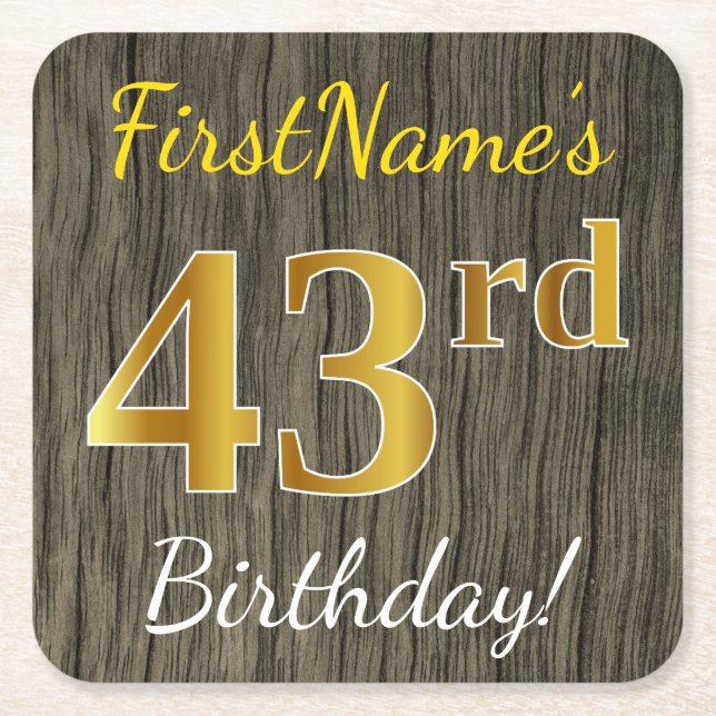 Posavasos Cuadrado De Papel Faux Wood, Faux Gold 43rd Birthday + Custom Name (Anverso)