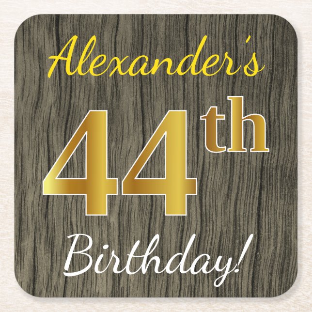 Posavasos Cuadrado De Papel Faux Wood, Faux Gold 44th Birthday + Custom Name (Anverso)
