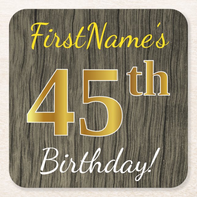 Posavasos Cuadrado De Papel Faux Wood, Faux Gold 45th Birthday + Custom Name (Anverso)