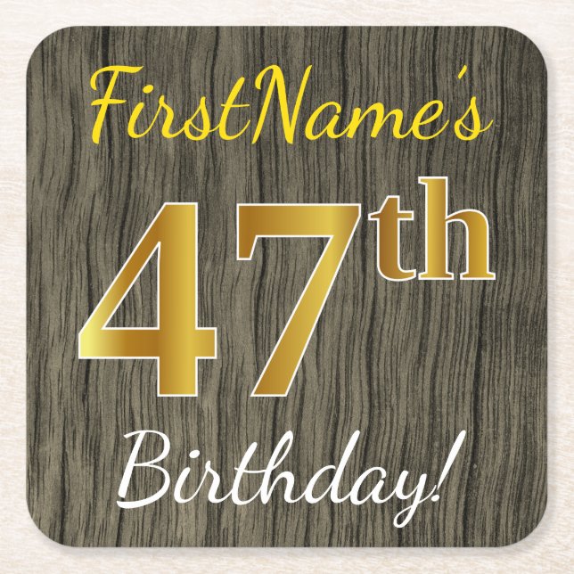 Posavasos Cuadrado De Papel Faux Wood, Faux Gold 47th Birthday + Custom Name (Anverso)