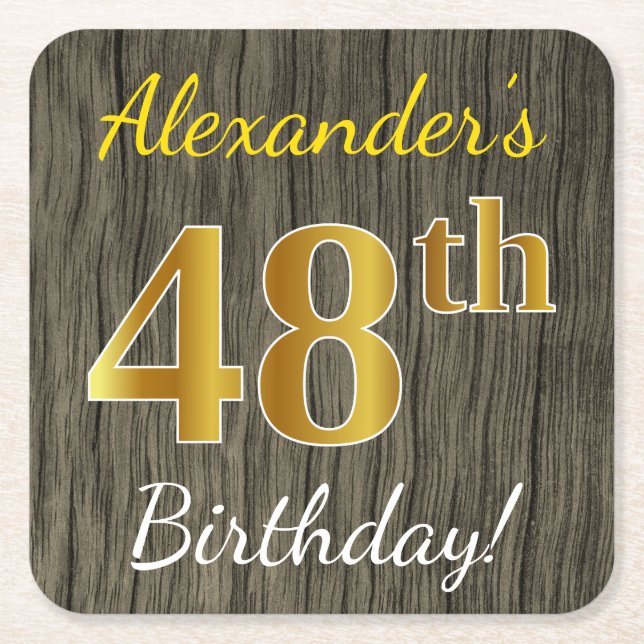 Posavasos Cuadrado De Papel Faux Wood, Faux Gold 48th Birthday + Custom Name (Anverso)