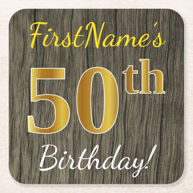 Posavasos Cuadrado De Papel Faux Wood, Faux Gold 50th Birthday + Custom Name (Anverso)