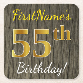 Posavasos Cuadrado De Papel Faux Wood, Faux Gold 55th Birthday + Custom Name