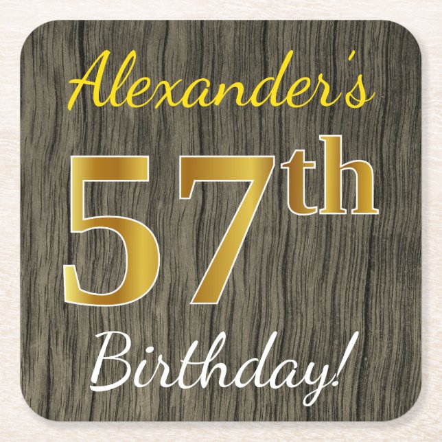 Posavasos Cuadrado De Papel Faux Wood, Faux Gold 57th Birthday + Custom Name (Anverso)