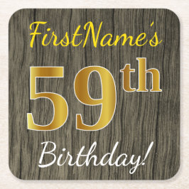 Posavasos Cuadrado De Papel Faux Wood, Faux Gold 59th Birthday + Custom Name