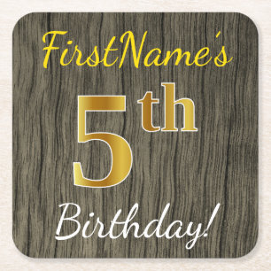 Posavasos Cuadrado De Papel Faux Wood, Faux Gold 5Cumpleaños + Custom Name