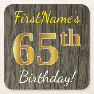Posavasos Cuadrado De Papel Faux Wood, Faux Gold 65th Birthday + Custom Name
