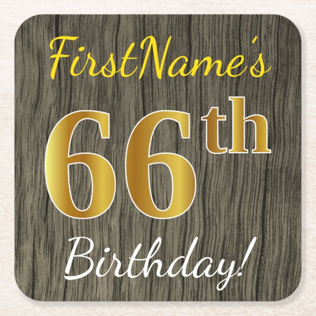 Posavasos Cuadrado De Papel Faux Wood, Faux Gold 66th Birthday + Custom Name (Anverso)