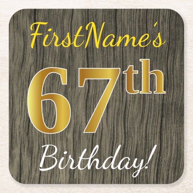 Posavasos Cuadrado De Papel Faux Wood, Faux Gold 67th Birthday + Custom Name (Anverso)