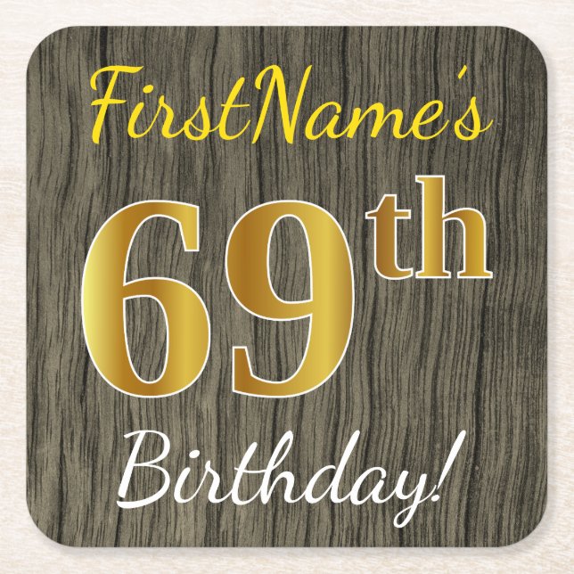 Posavasos Cuadrado De Papel Faux Wood, Faux Gold 69th Birthday + Custom Name (Anverso)