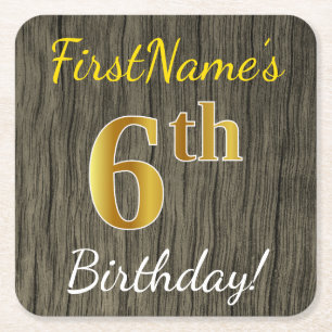 Posavasos Cuadrado De Papel Faux Wood, Faux Gold 6Cumpleaños + Custom Name