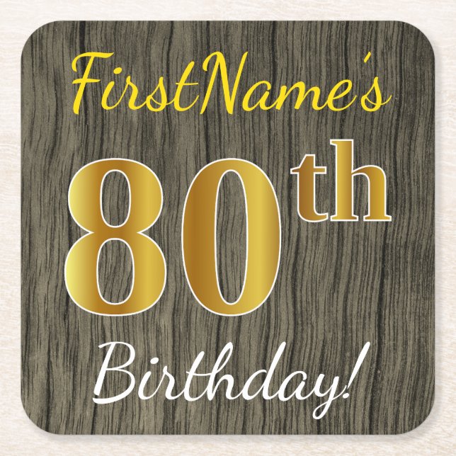 Posavasos Cuadrado De Papel Faux Wood, Faux Gold 80th Birthday + Custom Name (Anverso)