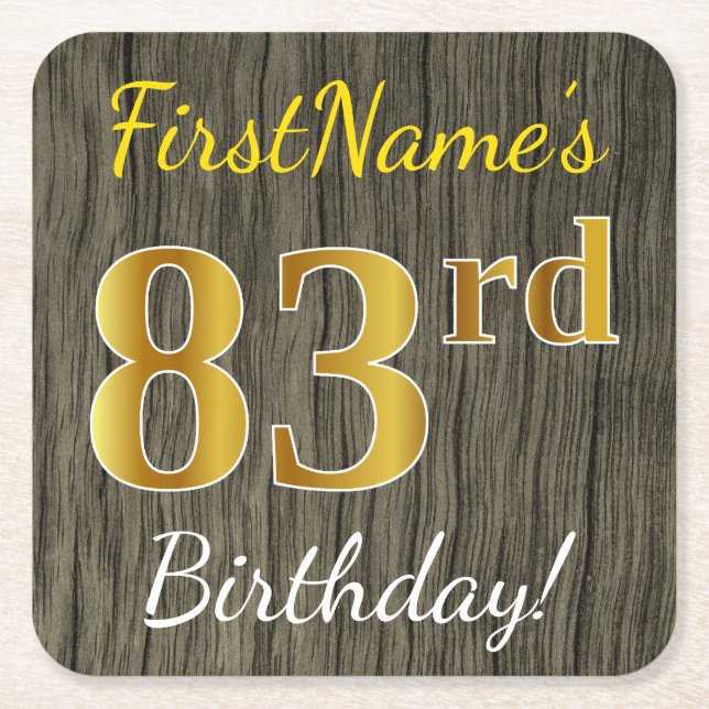 Posavasos Cuadrado De Papel Faux Wood, Faux Gold 83rd Birthday + Custom Name (Anverso)