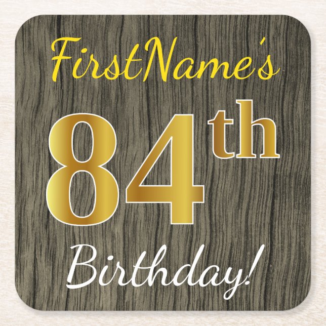 Posavasos Cuadrado De Papel Faux Wood, Faux Gold 84th Birthday + Custom Name (Anverso)