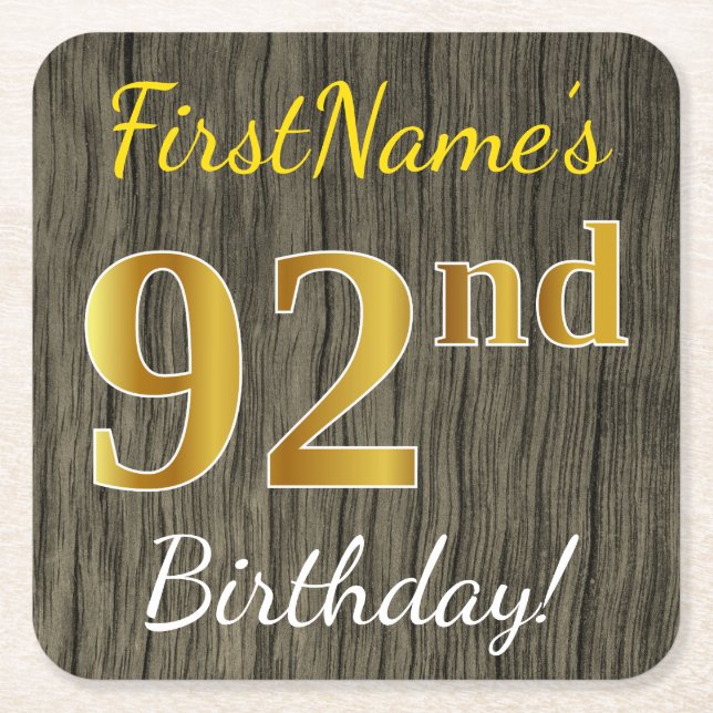 Posavasos Cuadrado De Papel Faux Wood, Faux Gold 92nd Birthday + Custom Name (Anverso)