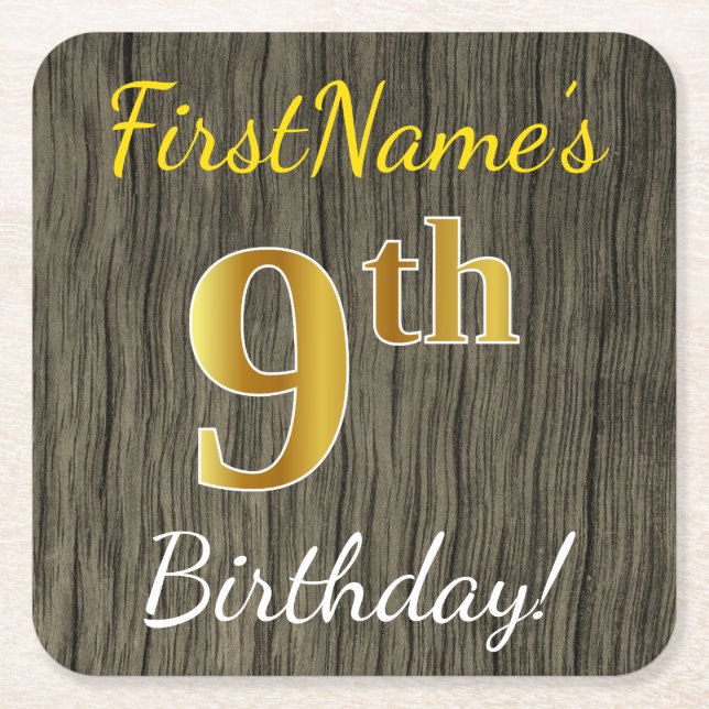 Posavasos Cuadrado De Papel Faux Wood, Faux Gold 9Cumpleaños + Custom Name (Anverso)