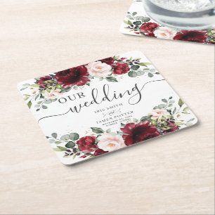 Posavasos Cuadrado De Papel Favor de agradecimiento de boda floral rosa con ru