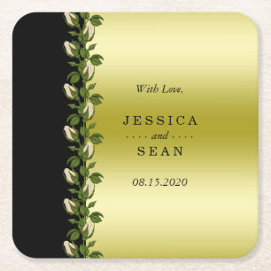 Posavasos Cuadrado De Papel Favor de boda Chic Floral Romántico Dorado y Negro