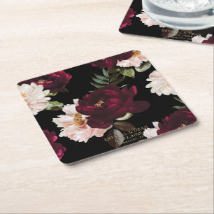 Posavasos Cuadrado De Papel Favor de boda floral de rubor de borgoña oscuro y 