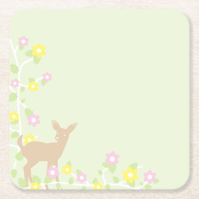 Posavasos Cuadrado De Papel Fawn Floral Girl Baby Shower (Anverso)