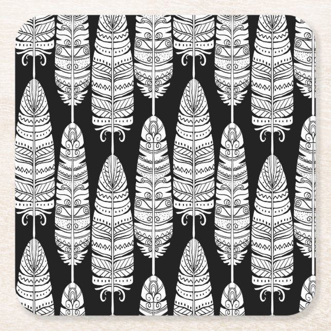 Posavasos Cuadrado De Papel Feathers boho: patrón blanco y negro (Anverso)