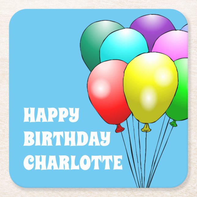Posavasos Cuadrado De Papel Felices Copas de Papel de los Globos de Cumpleaños (Anverso)